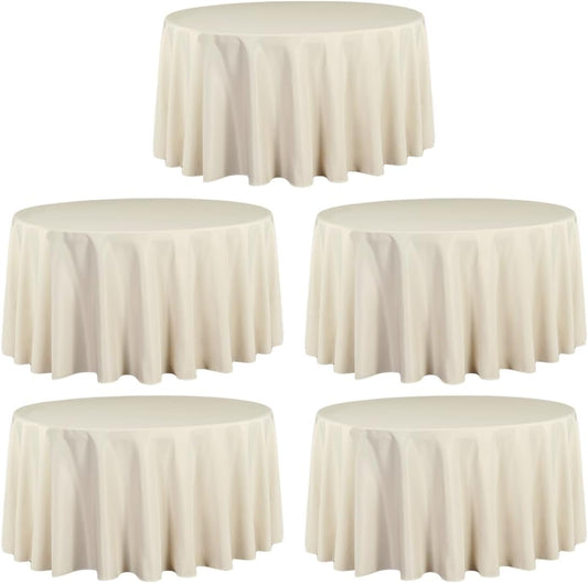LTC LINENS 5 Pack 120 Inch Round Tablecloth Beige - Bulk for 60 Inch Round Table Floor Length - Wrinkle Resistant Polyester Fabric Cloth for Wedding