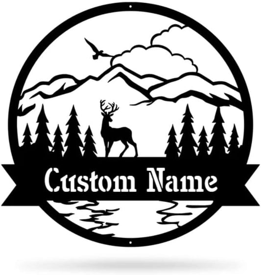 RealSteel Personalized Metal Wall Art - Circular Nature Scene with Mountains, Lake, Deer & Bird - Custom Name on Banner - Outdoor Landscape Decor for Home & Gifts - Black, 30"