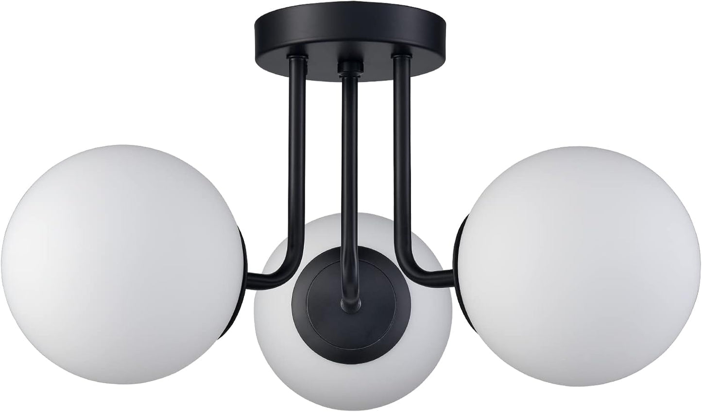 3-Light Modern Black Metal Semi Flush Mount Ceiling Light with White Globe Glass Shade Ceiling Mount Light Fixture for Hallway Living Room Sputnik Chandelier Lighting