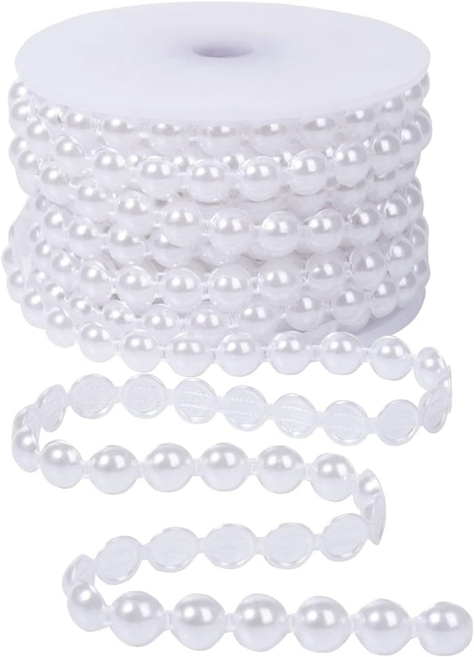10mm Pearl Garland Half-Round 11 Yards Flat Craft Pearls Bead String Roll Strand for Wedding Party Christmas Tree Decoration (White)