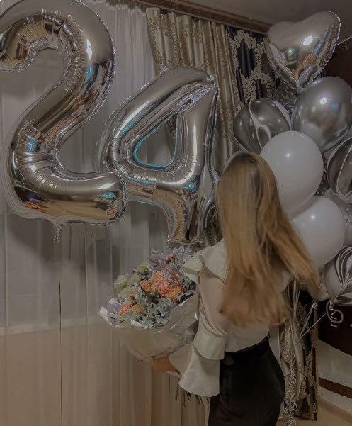 40 Inch Silver Large Number 24 Birthday Balloon, Giant Number 24 42 Balloons, Foil Mylar Big Balloons for Anniversary Graduation Supplies Decorations