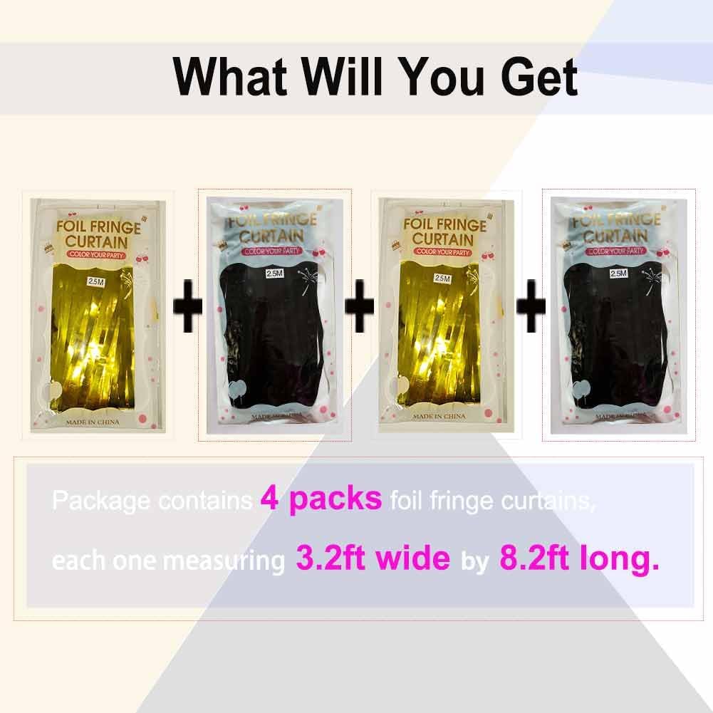 Black and Gold Party Decorations - 4Pack 3.2x8.2ft Black and Gold Foil Fringe Curtains for Birthday Party Decorations