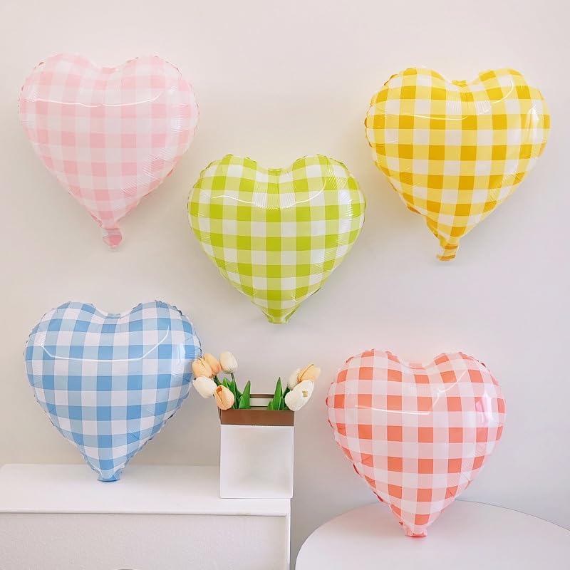 Colorful Checkered Heart Balloons,12Pcs 18Inch Rainbow Grid Heart Shaped Foil Helium Polyester Film Balloons for One Silly Goose Birthday Baby Shower Party Decorations