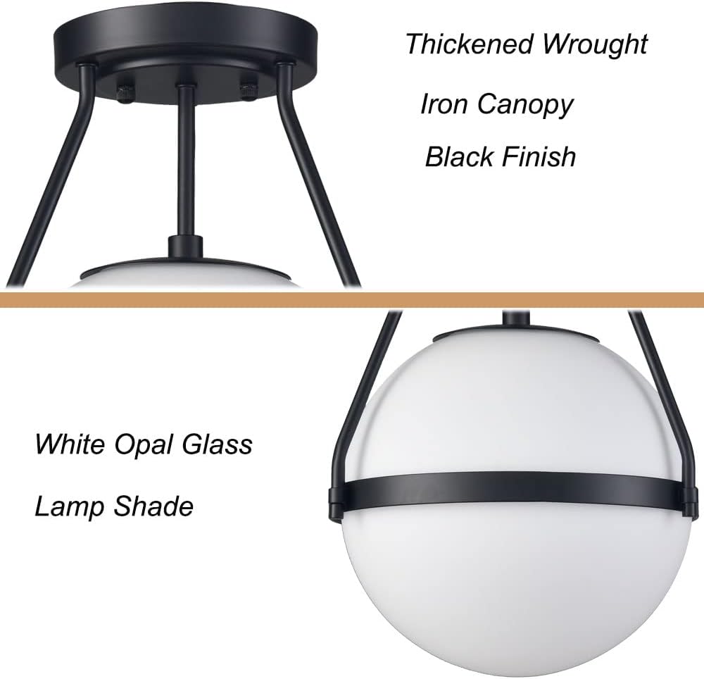 HOLKIRT Modern Globe Semi Flush Mount Ceiling Light,Black Ceiling Light Fixture with Opal Glass 7Inch/18CM,Mid Century Kitchen Light Fixtures Hallway Light Fixtures Ceiling for Bedroom Kitchen