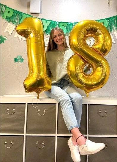 Gold Mylar Number 18 Balloon 40 inch, Number 18 Birthday Balloon for Boy Girl, Gold Foil 18 Balloon for 18 Birthday Party, Anniversary Celebration Number Balloons Decorations