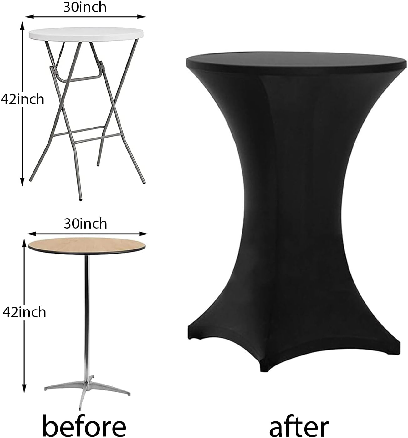 Tina's 10 Pack 30x42 Inch Highboy Spandex Cocktail Table Covers Black, Fitted Stretch Cocktail Tablecloth for Round Tables (10PC 30X42 Black)