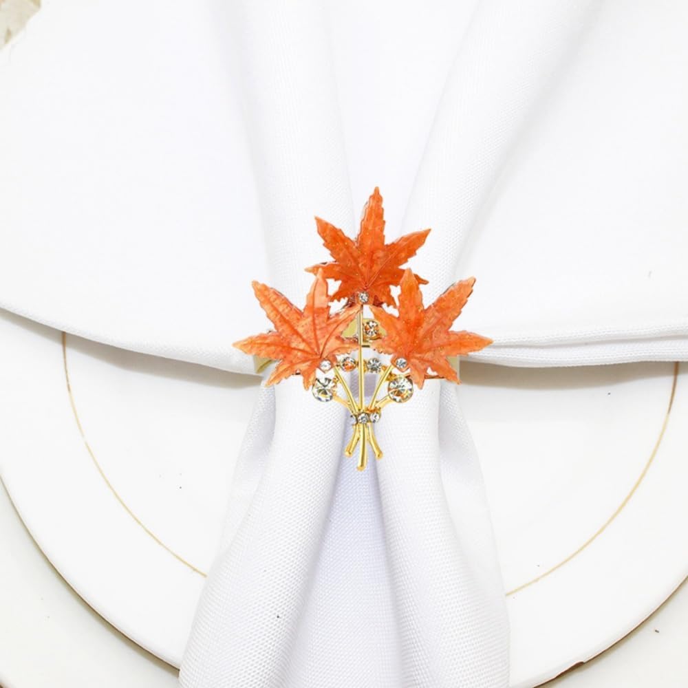 Maple Leaves Napkin Rings Set of 6, Fall Party Napkin Holder Buckles, Thanksgiving Christmas Napkin Rings (Orange, One Size)
