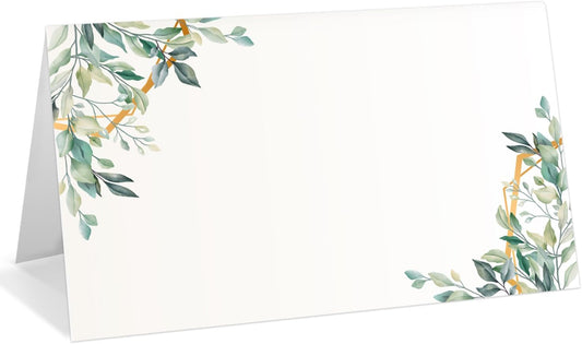 25 Pack Greenery Place Cards, Editable Name Cards for Table Setting, Tent Cards Food Label for Dinner Party, Bridal Shower, Wedding, Baby Shower and Events -T08