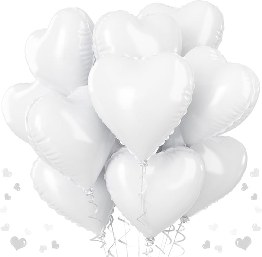 White Heart Foil Balloons, 18 Inch, 12Pcs Large Helium Balloons for Wedding, Birthday, Baby Shower, Bridal, Valentine, Graduation Party Decorations