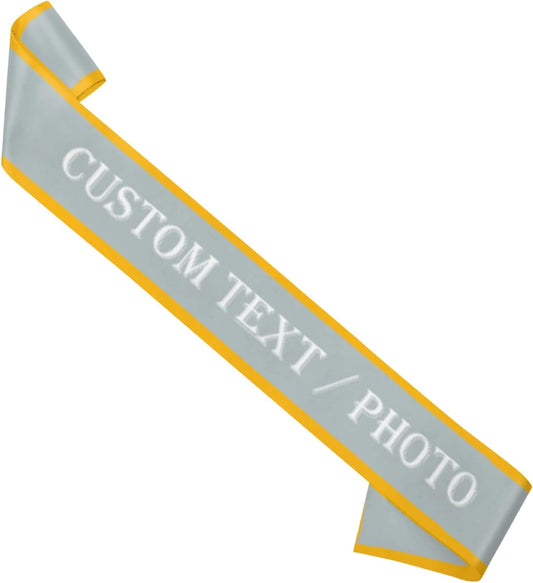 Custom Sash,Personalized Birthday Sash with Text Photo,Customized Bachelorette Sash Quote Sash Bride to Be Sash Color Optional (With decorative edge, Sliver)