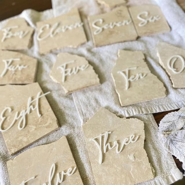 Cursive Wedding Table Number SET, DIY thin modern Black or White acrylic cutouts with silicone glue included. Words only, no backing (One - Twenty, Gloss White)