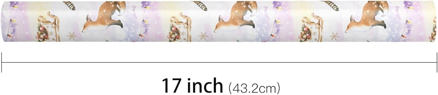 LeZakaa Christmas Reversible Wrapping Paper Roll, Watercolor Winter Forest Design with Fox Raccoon Christmas Tree Snowflake, for Kids Family, Winter Holidays, Mini Roll 17 in x 16.4 Ft
