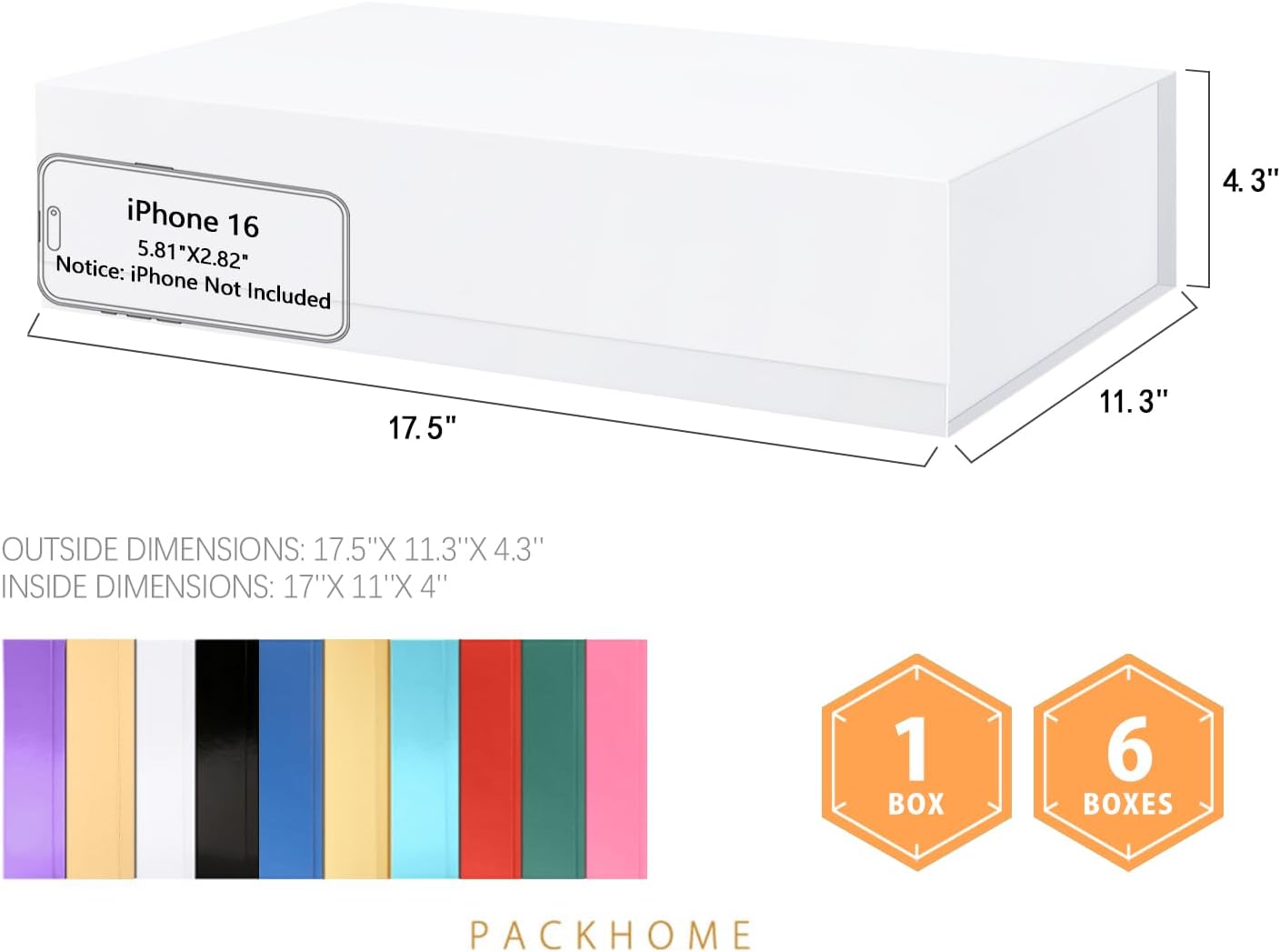 PACKHOME 6 Extra Large Gift Boxes 17.5x11.3x4.3 Inches, Sturdy Shirt Boxes with Magnetic Lids for Clothes and Large Gifts (Glossy White)