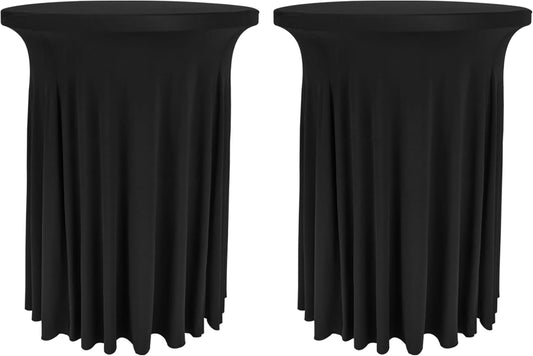 Fivenl 2 Pack Spandex Cocktail Table Skirt 32"x 43" Black Stretch Cocktail Table Cover, Washable Round High Top Tablecloth for Bar, Wedding, Party, Events (Black)