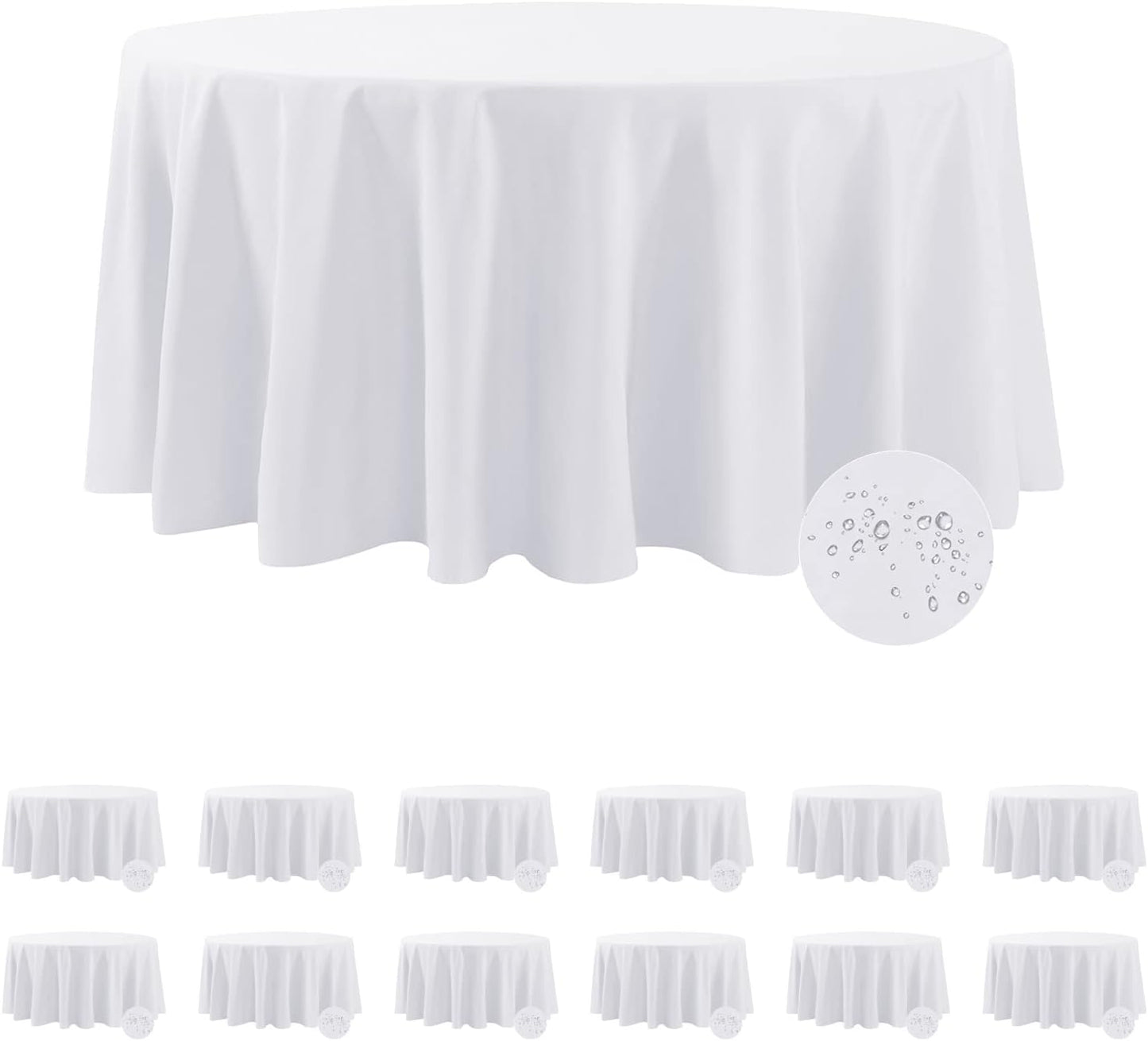 Fokitut 12 Pack Waterproof Round Tablecloth, 120 Inch, Stain Resistant and Wrinkle Polyester Table Cloth, Fabric Table Cover for Kitchen Dining, Wedding, Party, Holiday Dinner-White