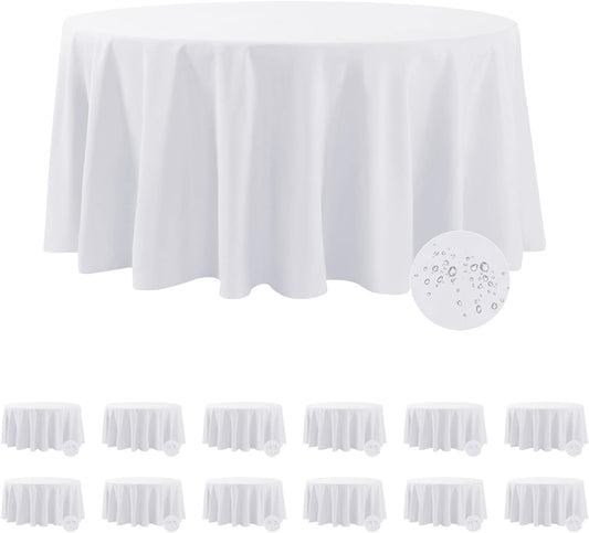 Fokitut 12 Pack Waterproof Round Tablecloth, 132 Inch, Stain Resistant and Wrinkle Polyester Table Cloth, Fabric Table Cover for Kitchen Dining, Wedding, Party, Holiday Dinner-White