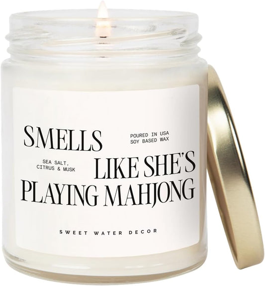Sweet Water Decor Smells Like She’s Playing Mahjong Candle, Funny Mahjong Gift for Women, 9oz Candle with Gold Lid, Sea Salt Citrus Musk Amber Scent, Non-Toxic Soy Wax, Unique Game Night Gift Idea