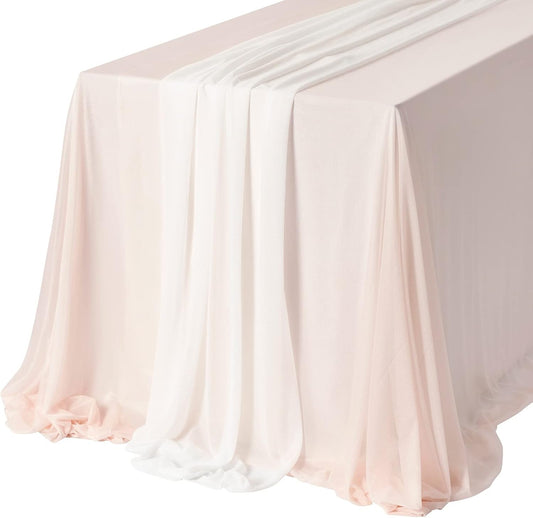 Ling's Moment Sheer Chiffon Tablecloth & Runner Set for 3x4ft Rectangle Table Decor Table Cloth in Blush & White for Wedding Reception Head/Sweetheart Desk