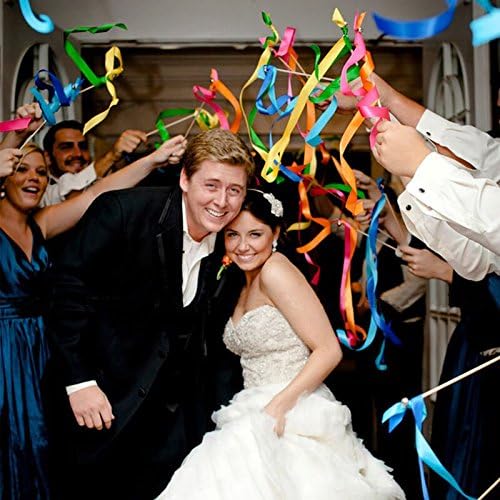 50pcs Ribbon Stick Wands Off White Streamers with Gold Bells for Wedding Party Favors for Guests