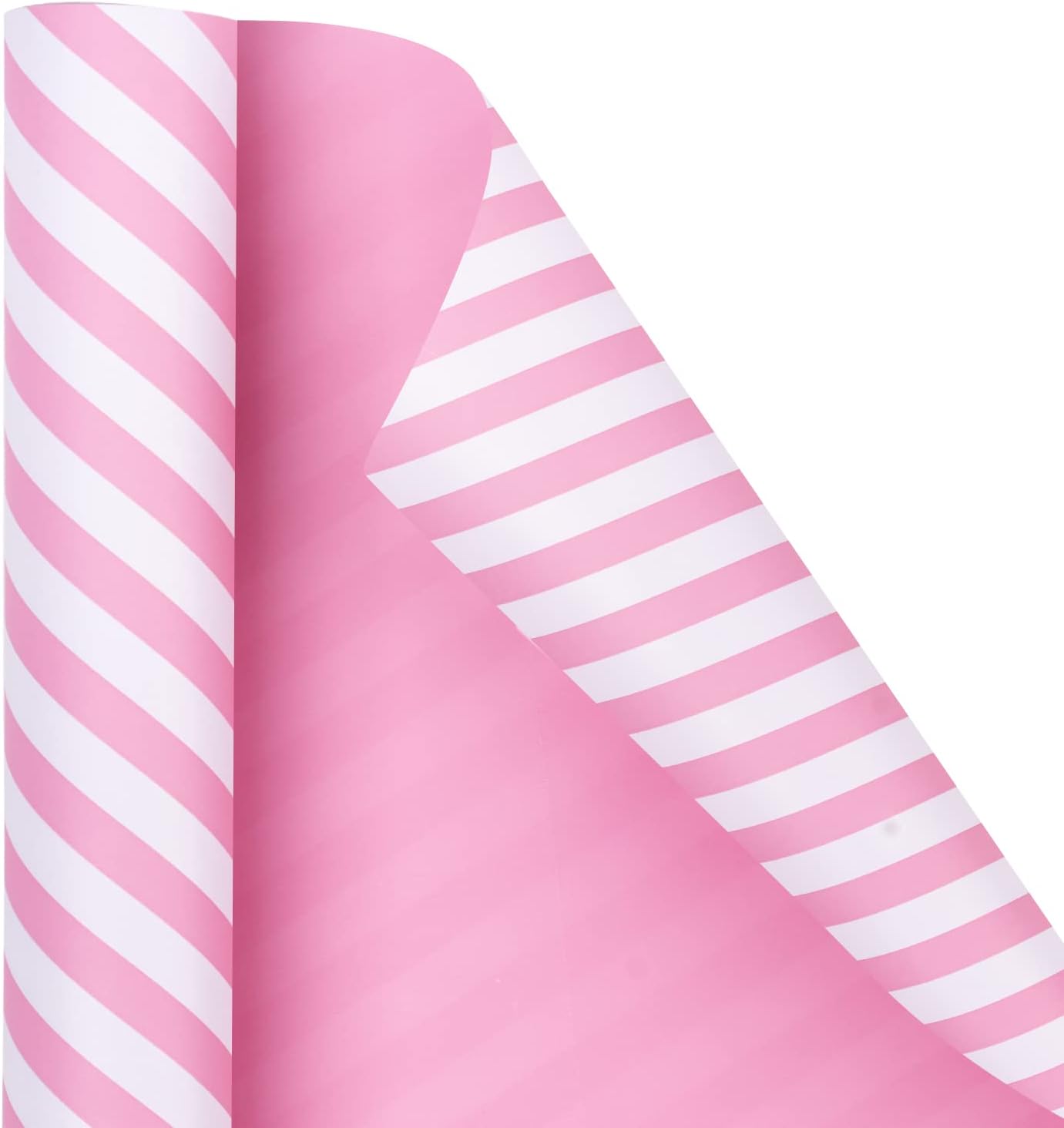 WRAPAHOLIC Reversible Wrapping Paper - Mini Roll - 17 Inch x 33 Feet - Pink and Stripes Design for Birthday, Wedding, Baby Shower, Holiday