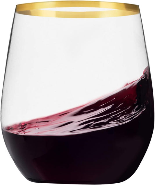 Munfix 48 Pack Plastic Stemless Wine Glasses with Gold Rim, Disposable 12 Oz Clear Plastic Wine Cups Shatterproof Recyclable and BPA-Free