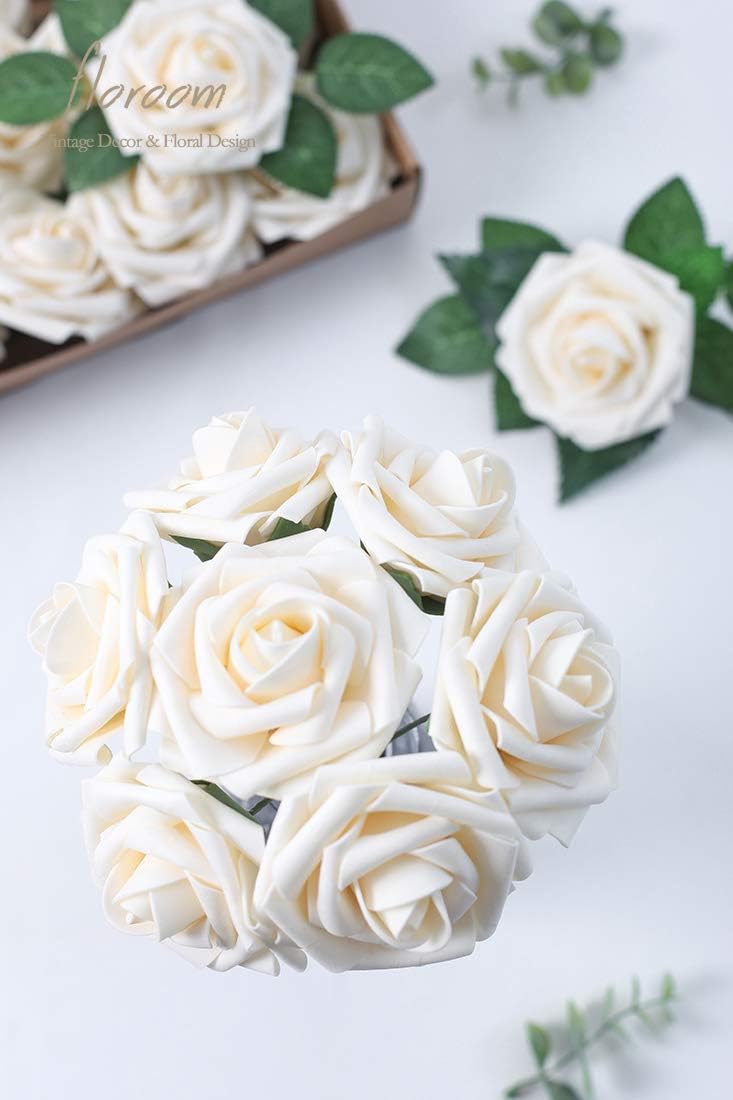 Floroom Artificial Flowers 25pcs Real Looking Cream Foam Fake Roses with Stems for DIY Wedding Bouquets Bridal Shower Centerpieces Floral Arrangements Party Tables Home Decorations
