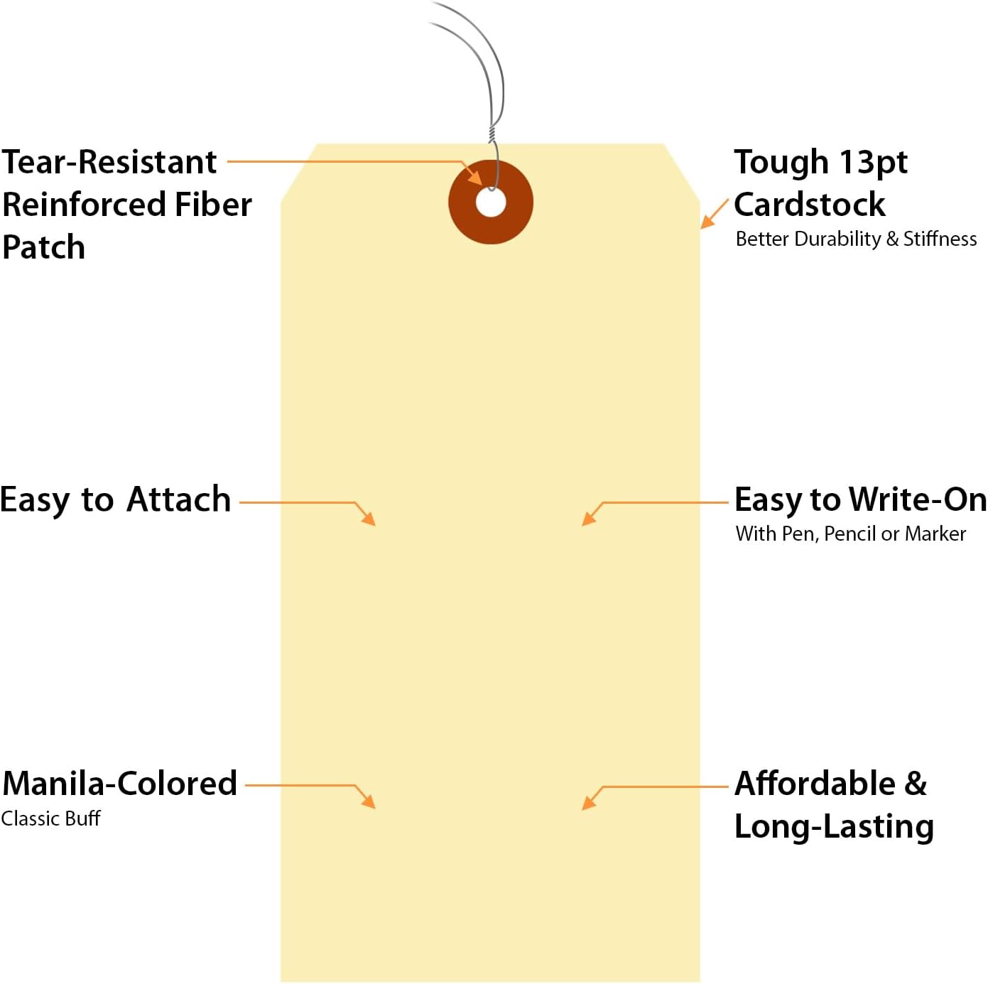 SmartSign Blank Manila Shipping Tags with Wire, Size-8, Pack of 100, 13pt Thick Prewired Cardstock Tag, 6.25 x 3.125 inch Paper Hang Tags with Reinforced Fiber Patch