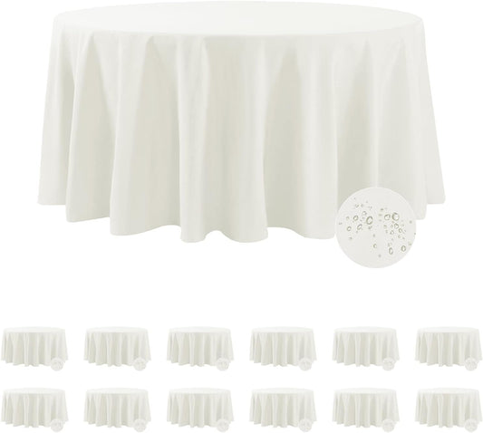 Fokitut 12 Pack Waterproof Round Tablecloth, 120 Inch, Stain Resistant and Wrinkle Polyester Table Cloth, Fabric Table Cover for Kitchen Dining, Wedding, Party, Holiday Dinner-Ivory