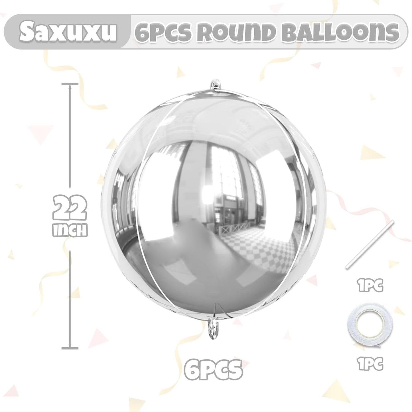 Giant 4D Foil Balloons, 6Pcs Large Metallic Silver Round Balloons, 22 Inch Big Round Foil Balloon for Silver Birthday Party Baby Shower Wedding Decorations