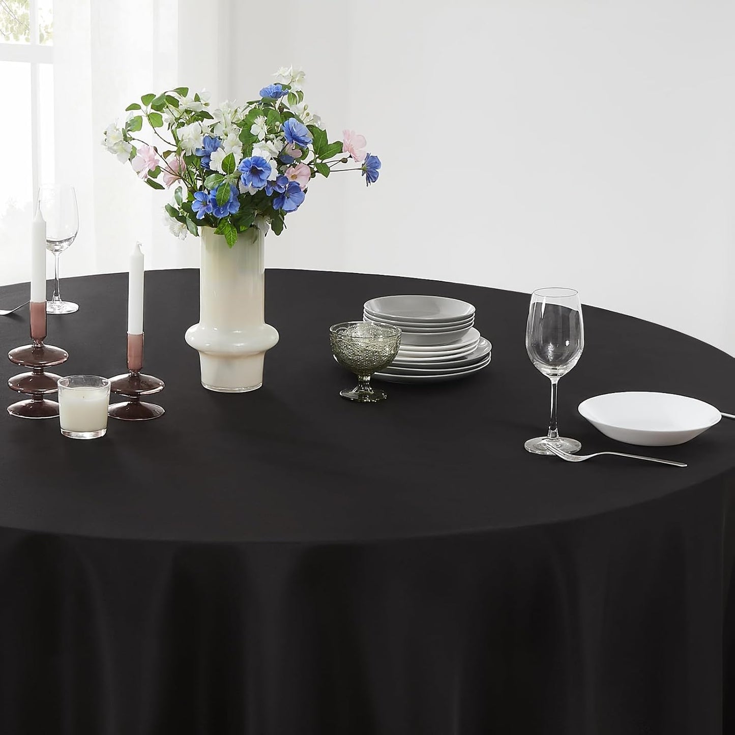 Round Tablecloth 132 Inch 1 Pack Black Tablecloths Washable Decorative Linen Polyester Table Clothes Cover for Dining Table Banquets Buffet Parties and Wedding