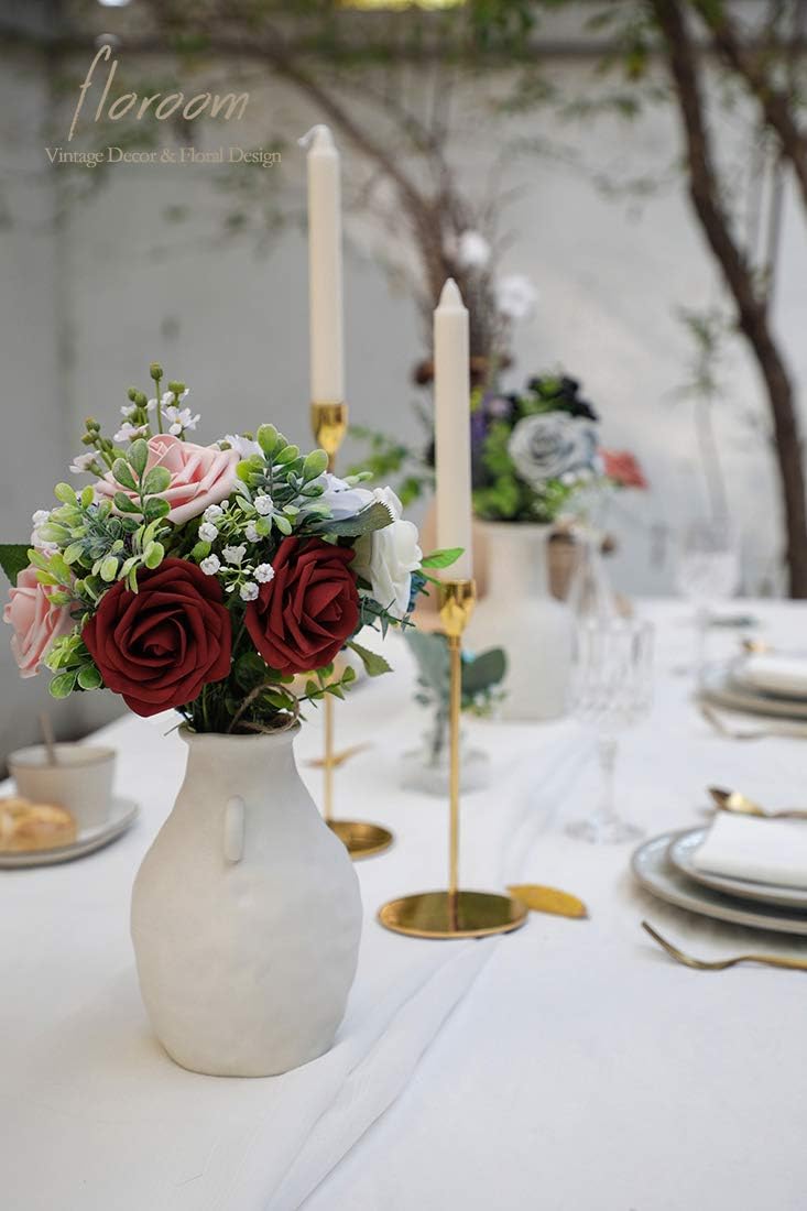 Floroom Artificial Flowers 25pcs Real Looking Burgundy Foam Fake Roses with Stems for DIY Wedding Bouquets Red Bridal Shower Centerpieces Party Decorations