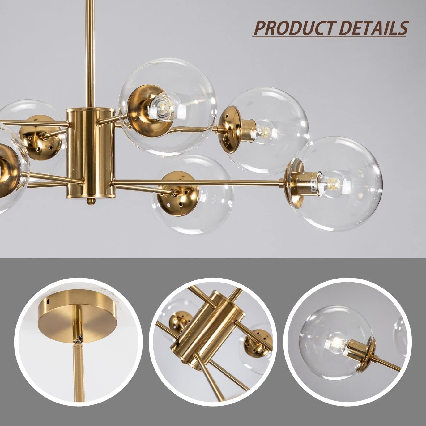 KCO Lighting Modern Sputnik Chandelier 8-Light Clear Glass Globe Ceiling Pendant Light Mid Century Brass Flush Mounted Fixture Kitchen Island (Gold+Clear)