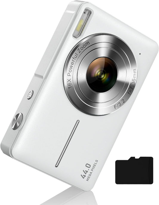 Digital Camera for Kids and Starters, FHD 1080P Point and Shoot Camera with 32GB Card 16X Zoom Anti Shake, Gift for Boys Girls Kids, White