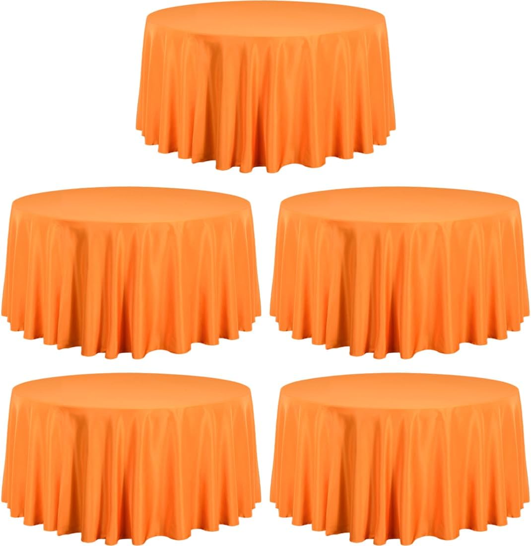 LTC LINENS 5 Pack 120 Inch Round Tablecloth Orange - Bulk for 60 Inch Round Table Floor Length - Washable, Wrinkle Resistant Polyester Fabric Cloth for Party