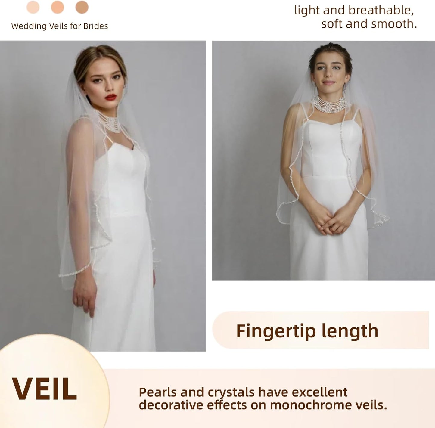 Bridal Veils Pearls and Crystals Beaded Edge Fingertip Length Wedding Veil for Women