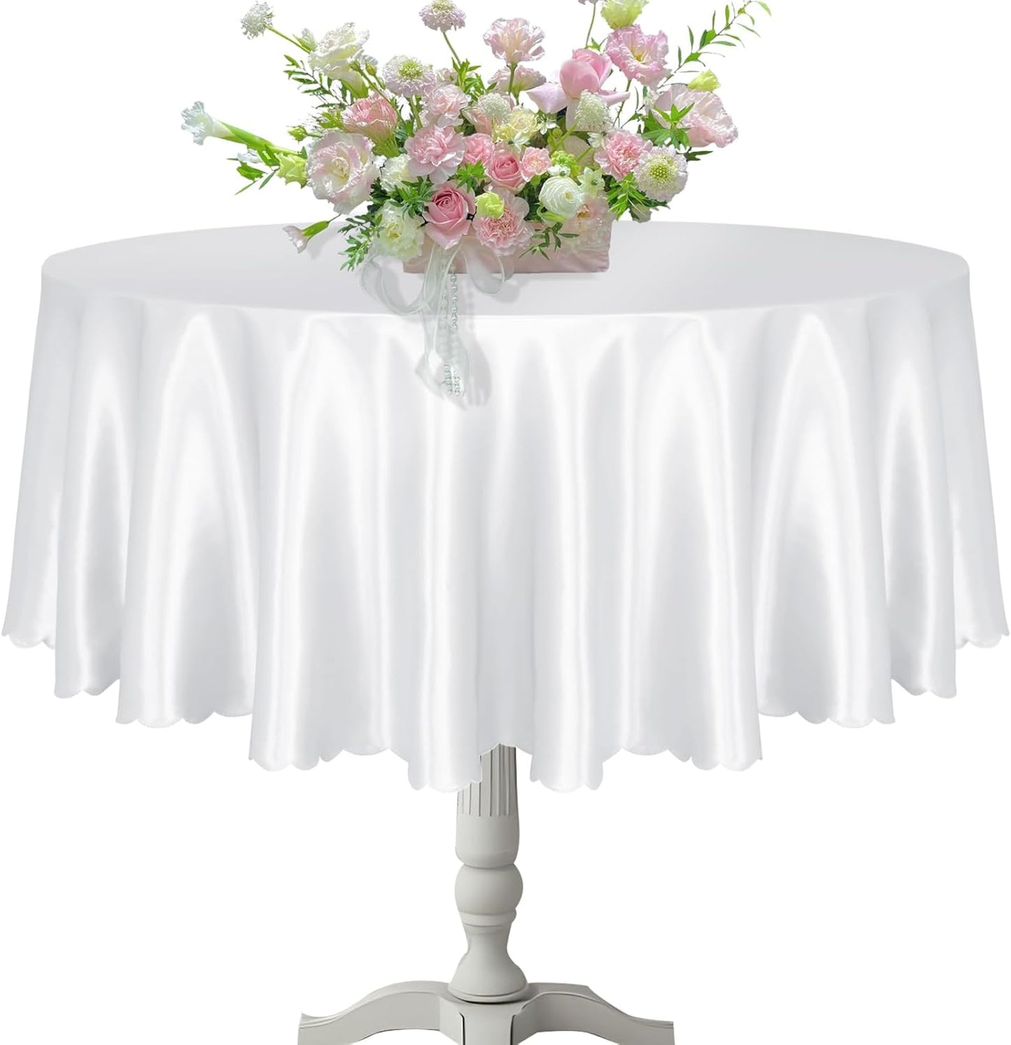 KKJIAF 1 Pack Round Table Cloths 90 Inch, White Overlay Round Satin Table Cover, Silky Satin Dining Tablecloths for Wedding Buffet Parties Banquet Decoration