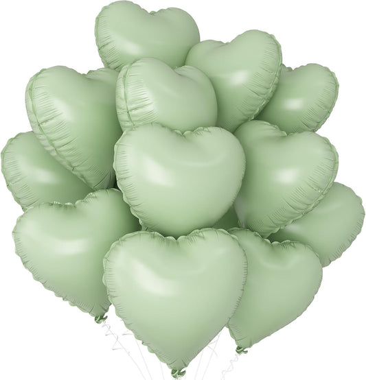 Sage Green Heart Balloons,12Pcs Olive Green Heart Shaped Foil Balloons,18Inch Pastel Green Helium Polyester Film Balloon for Baby Shower Birthday Anniversary Wedding Party Decorations