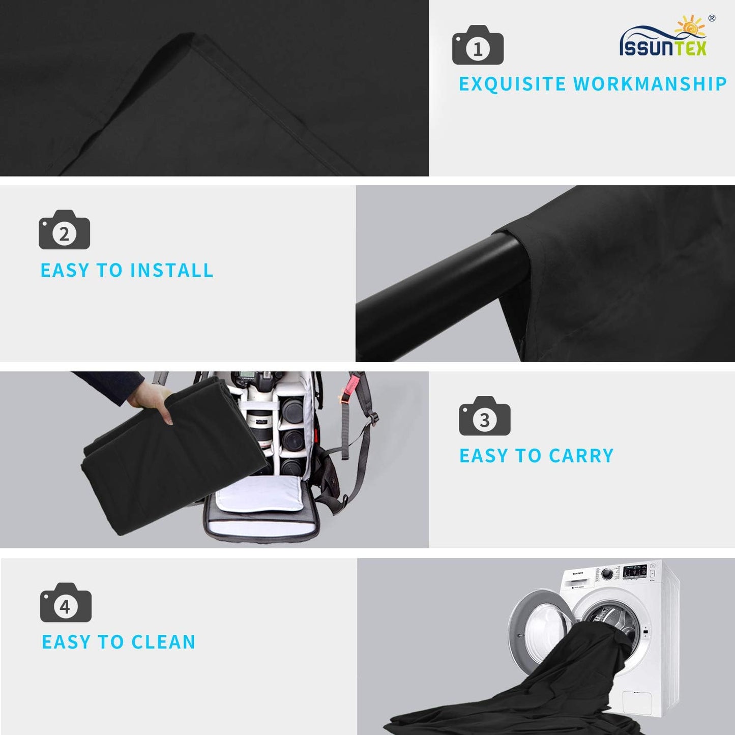 ISSUNTEX 10X12 ft Background Muslin Backdrop, Photo Studio, Collapsible High Density Screen for Video Photography and Television-Black