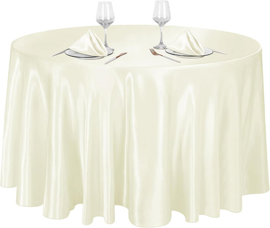 Ruisita 120 Inches Round Satin Tablecloths Ivory Overlay Round Satin Table Cover Bright Silk Smooth Fabric Tablecloth for Wedding Banquet Tables Decoration