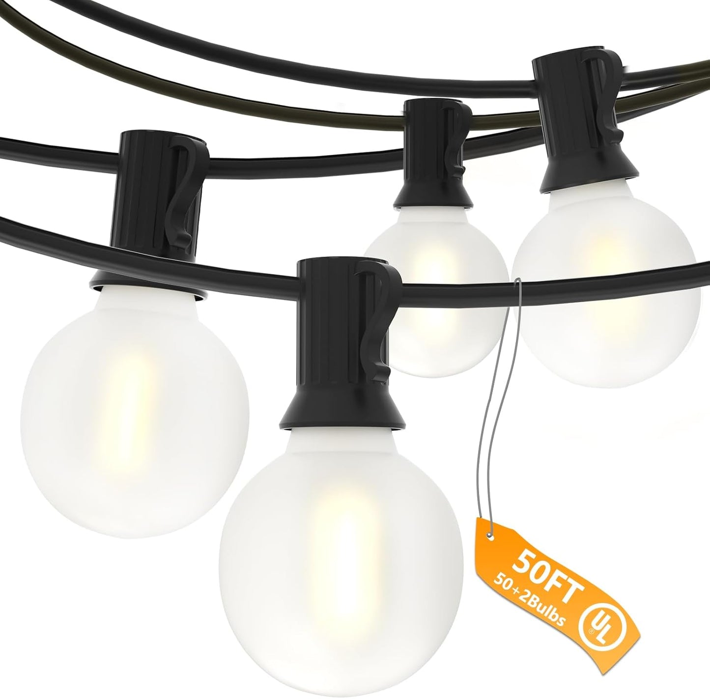 SUNSGNE G40 Outdoor String Lights Waterproof, 50FT Outdoor Hanging Lights with 52 Globe Frosted White LED Bulbs(2 Spare) for Outside Patio Tent Porch Garden Backyard Balcony Deck Decor