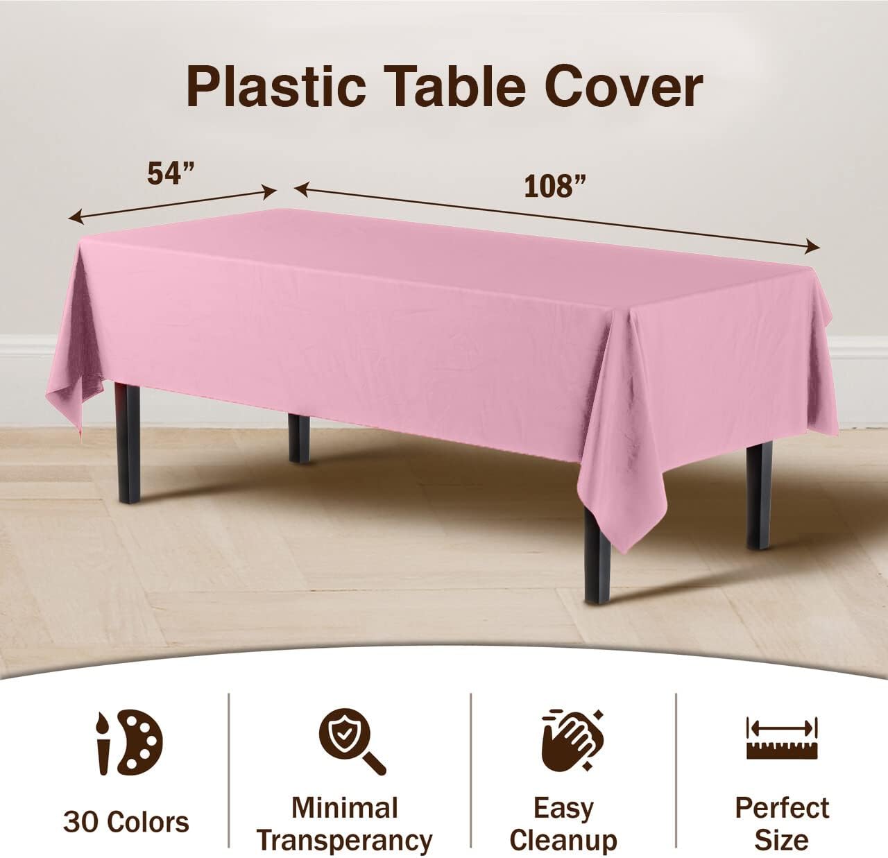 Party Solids Pack Of 12 Premium Plastic Tablecloth 54 Inch x 108 Inch Rectangle Table Cover - Pink