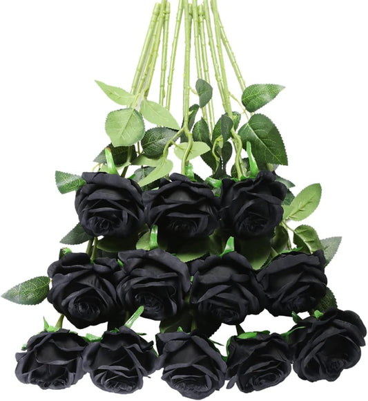 Tifuly Black Roses Artificial Flowers -12 pcs Realistic Single Long Stem Fake Silk Roses Bouquet for Party Home Wedding Centerpiece Office Halloween DIY Decor