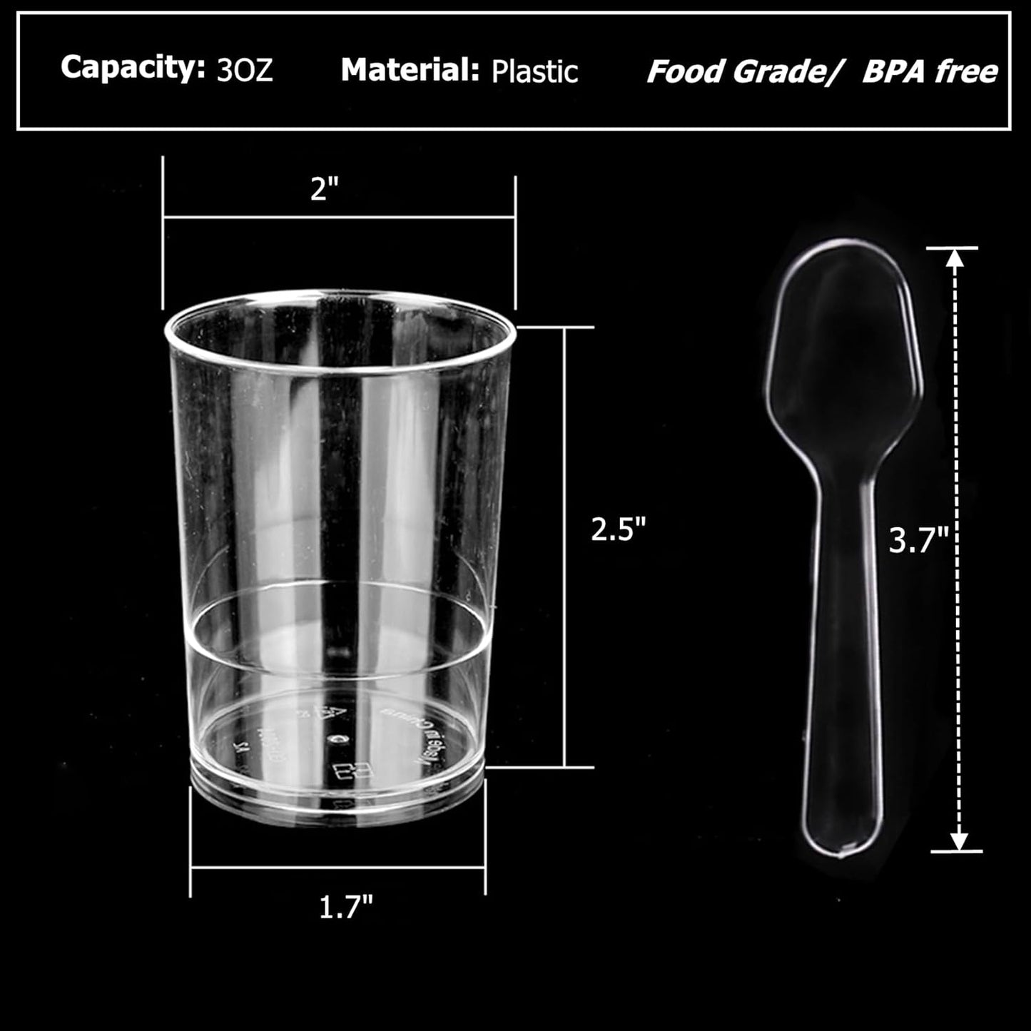 100 Pack Mini Dessert Cups, 3oz Clear Shooter Cups with Spoons, Plastic Mousse Cups for Party, Ice Cream, Puddings, Chocolate, Round Appetizer Parfait Tasting Cups