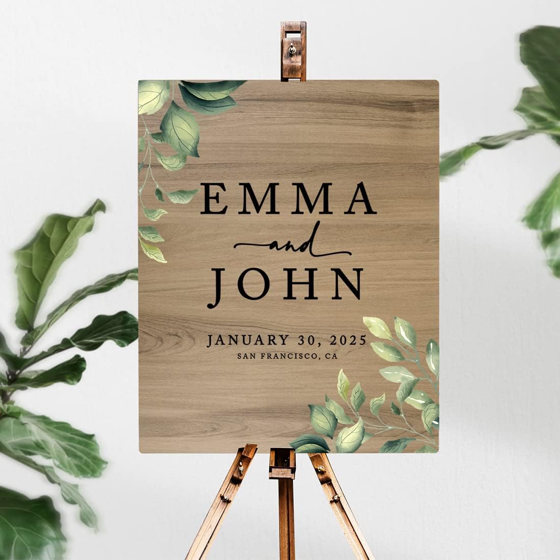 Andaz Press Large Wooden Welcome Sign for Wedding, Rustic Welcome Sign 16" x 20" Custom Names Greenery Leaves Wedding Signage English Oak MDF Wood Finish Wedding Reception Indoor Outdoor Signs