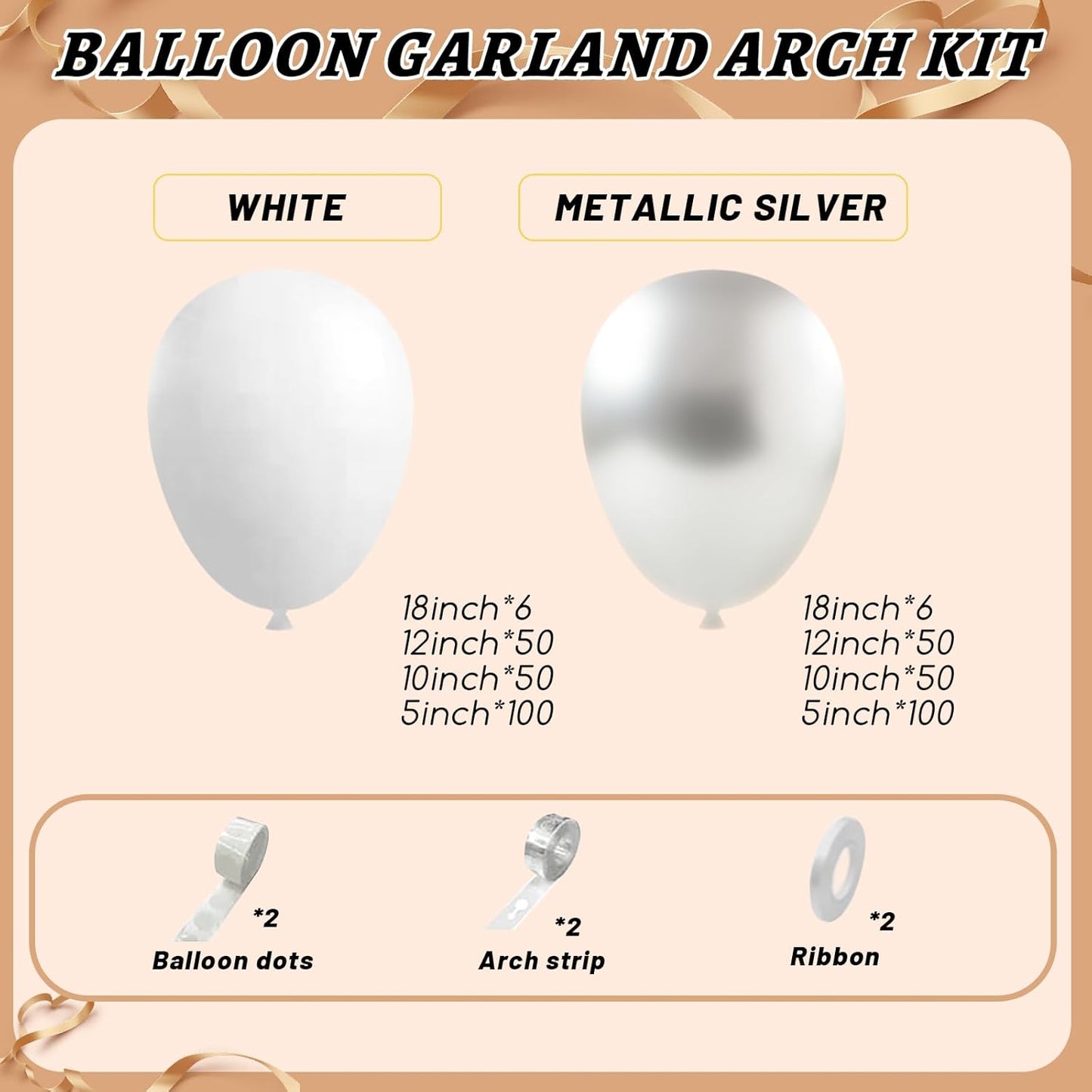 412Pcs White and Silver Balloons Arch Kit, 18 12 10 5 Inch White Metallic Silver Latex Balloon for Wedding Bridal Shower Engagement Anniversary Birthday Party Decorations