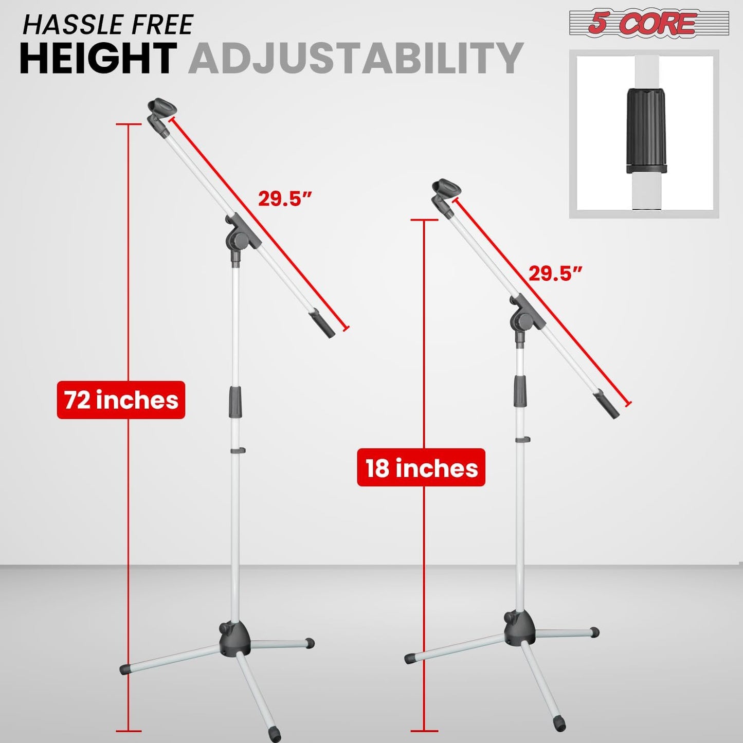 5 Core Tripod Mic Stand Floor Adjustable 18 to 72 Inches Sturdy Boom Arm Holder Microphone Stands Pedestal Para Microfono for Singing - MS 080 WH