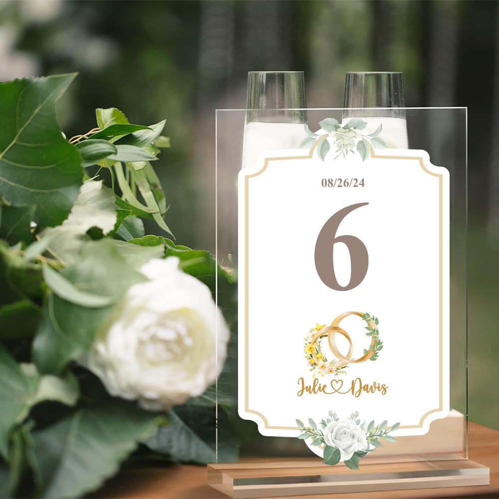 callie Personalized Wedding Table Numbers with Couple’s Name & Date, Custom Acrylic Birth Flower Tree Table Signs Holders, Wedding Reception Party Gifts for Bride & Groom