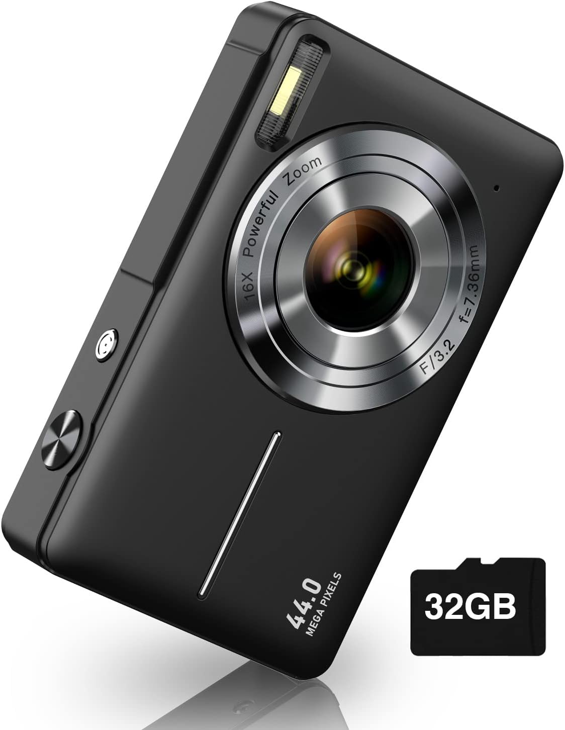 Small Digital 44MP Point and Shoot Compact Camera with 32GB SD Card, Two Batteries, Lanyard, FHD 1080P, 16X Zoom for Kids Boys Girls, Black