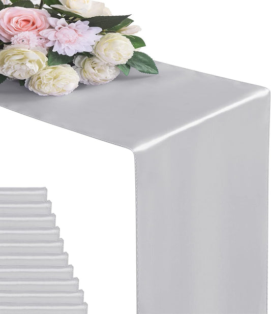 6Pack Table Runner 12 x 108 Inches Satin Silk Table Runner for Wedding, Birthday Party, Banquets, Graduations Decoration, fit Rectange and Round Table-Silver
