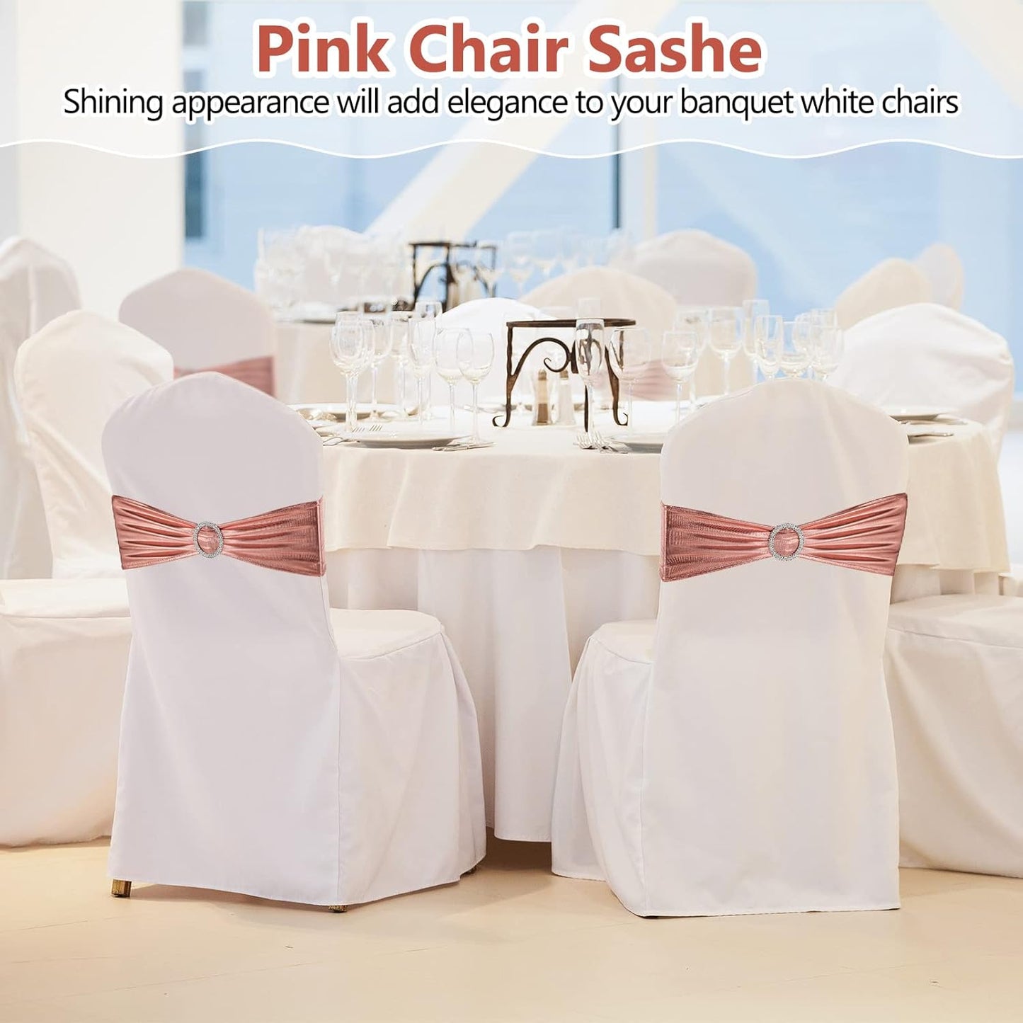 CHENGU 150 Pieces Spandex Stretch Chair Sashes Bows Elastic Chair Cover Bands Ties with Buckle Slider for Wedding Party Reception Events Universal Ceremony Banquet Decorations (Rose Gold)